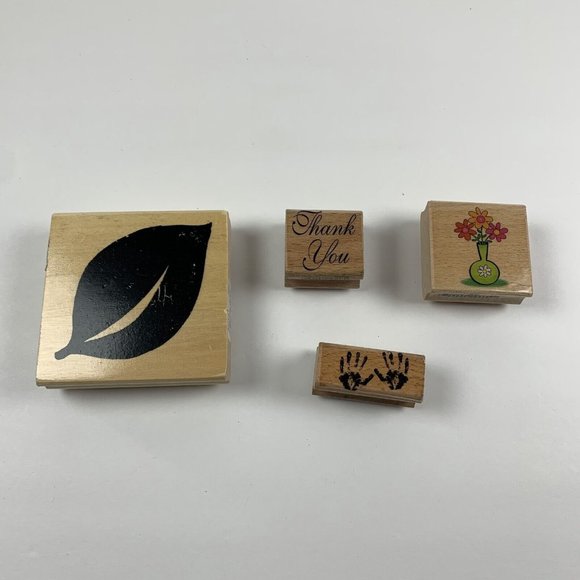 Lot Of 4 Multicolor Square Leaf, Hands, Thanks &‎ Vase Wooden Rubber Stamps 6168 - Picture 1 of 4
